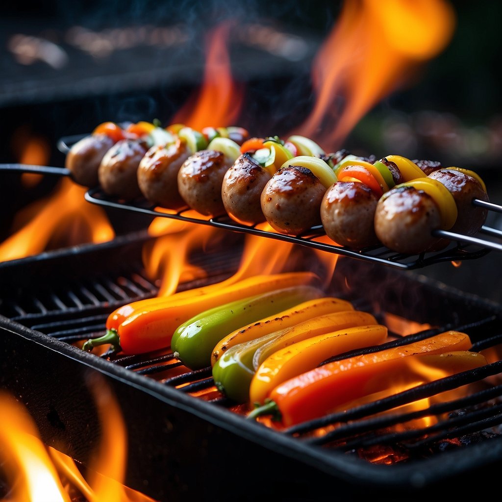 Bratwurst grilling on a hot barbecue, sizzling and releasing a savory aroma. Surrounding the sausage are colorful peppers and onions, adding to the vibrant scene