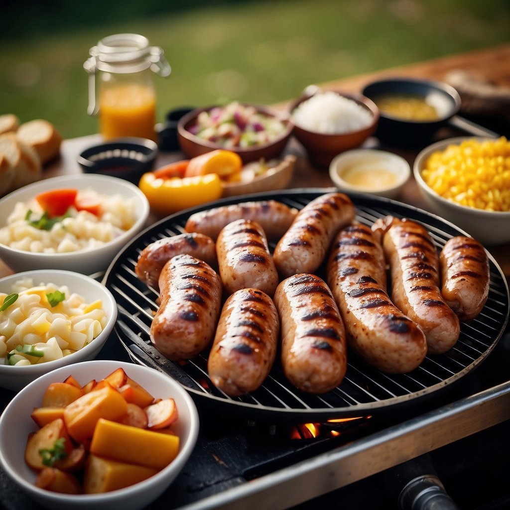 A grill with sizzling bratwurst sausages surrounded by various side dishes and condiments