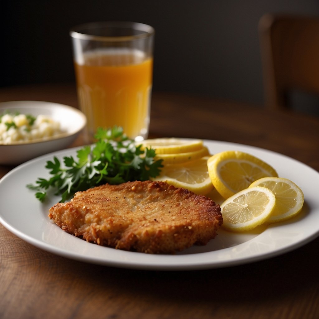 A plate with golden-brown schnitzel, garnished with lemon slices and parsley, served alongside a side of potato salad and a dollop of lingonberry jam