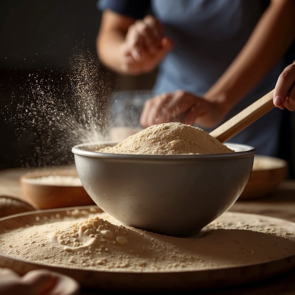 Mixing rye flour, water, yeast, and salt in a large bowl. Kneading the dough on a floured surface. Letting it rise in a warm place