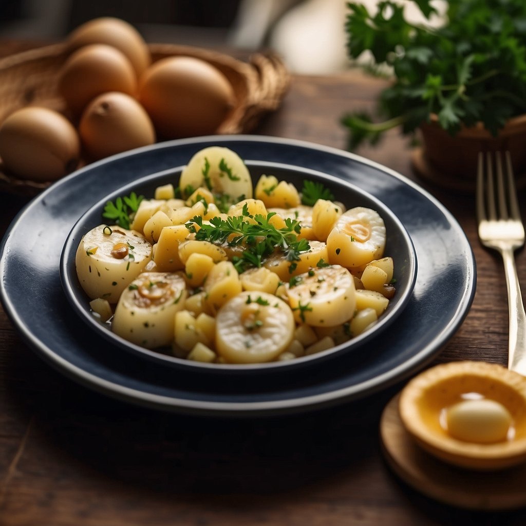 A table set with a traditional Portuguese Bacalhau à Gomes de Sá dish, featuring codfish, potatoes, eggs, olives, and onions, garnished with parsley