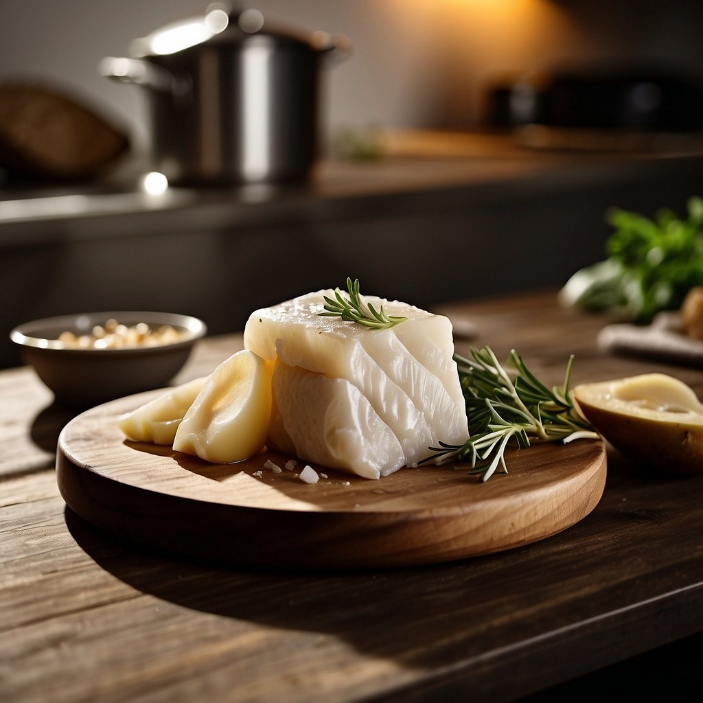 A wooden cutting board with salted cod, peeled potatoes, onions, and garlic. A bowl of olive oil and a pot of boiling water on a stovetop