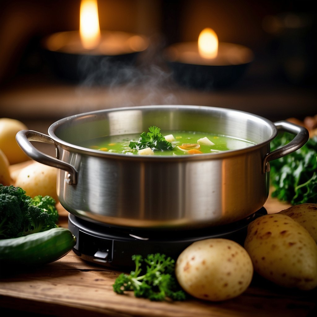 A pot of Caldo Verde soup simmers on a stove, surrounded by fresh kale, potatoes, and chorizo. A festive banner with "Festa Junina" hangs in the background