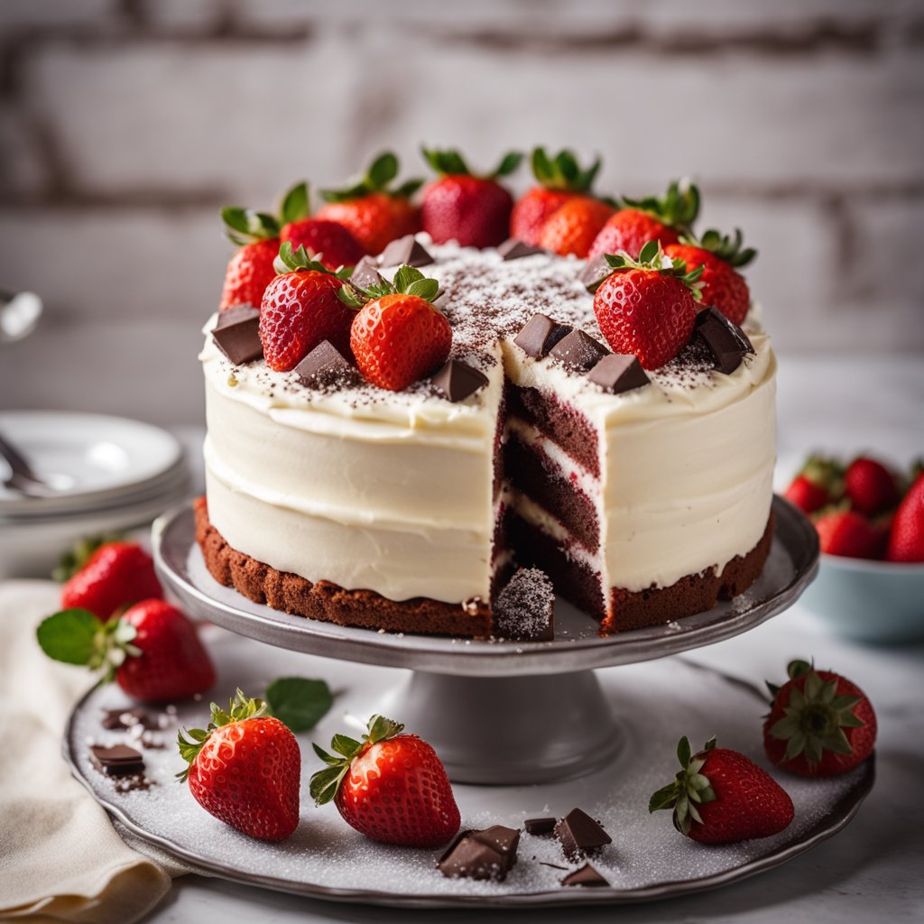 A red velvet cake sits on a vintage cake stand, adorned with cream cheese frosting and chocolate shavings. Surrounding the cake are fresh strawberries and a dusting of powdered sugar